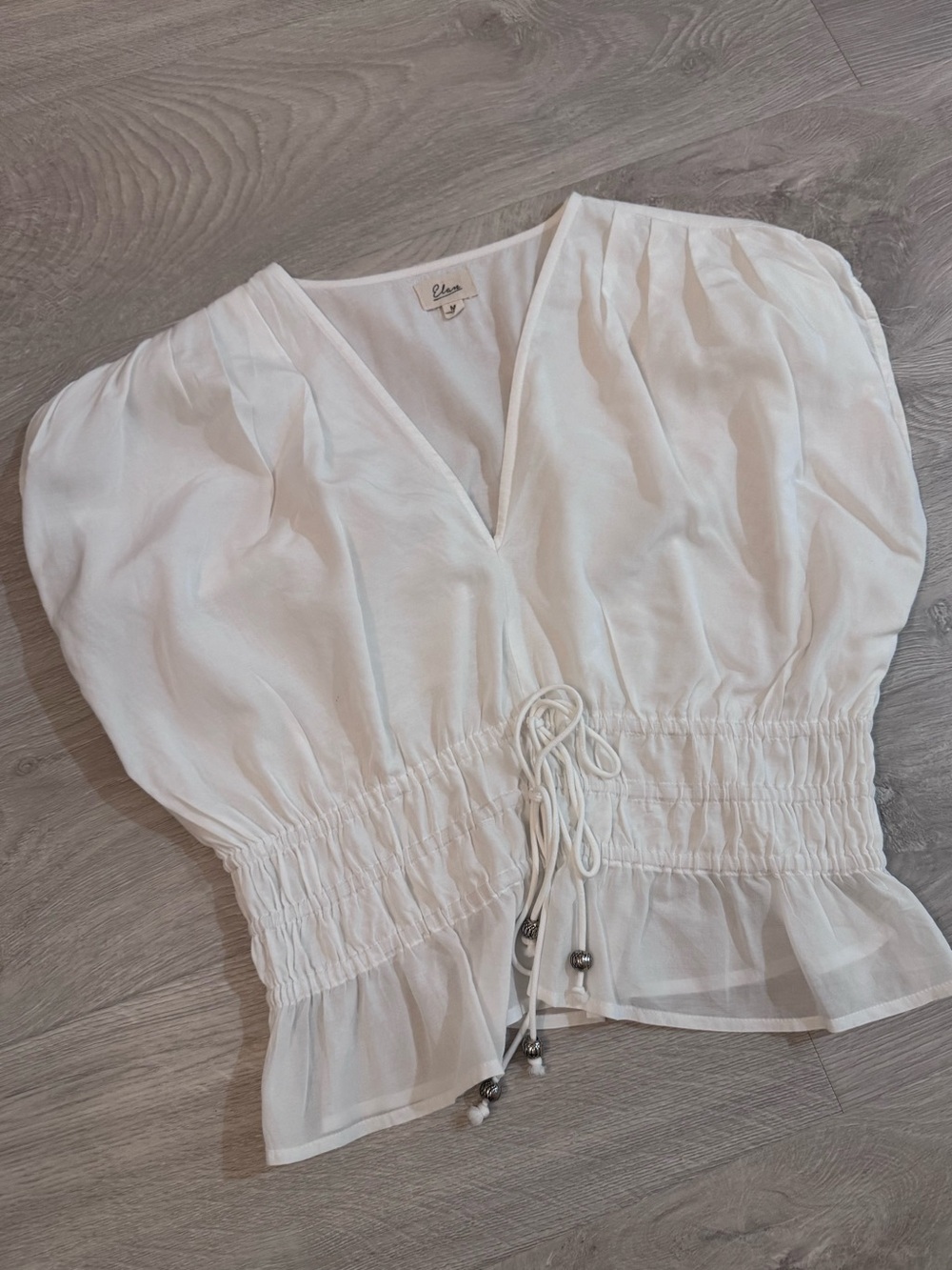 Elan White V-Neck Smocked Waist Peasant Blouse